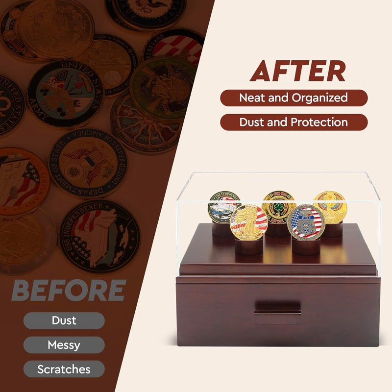 ULTRGEE Challenge Coin Display Case, Military Coin Collection Holder with Wooden Coin Box, Drawers, and Clear Acrylic Lid – Gifts for Coins Collectors (5 Pillars) - Image 4